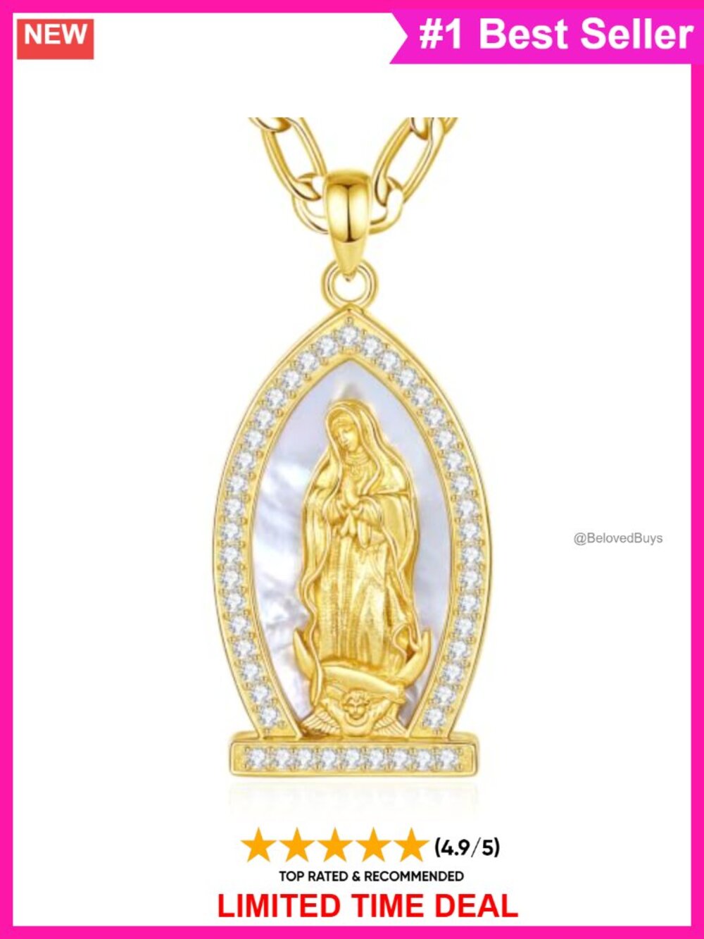 Sterling Silver 18K Gold Plated Our Lady of Guadalupe Opal Pendant Necklace